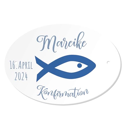 Personalisiertes Namenschild zur Konfirmation Fisch blau Türkranz Deko Eingng Mädchen Junge