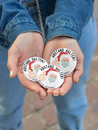 Button Anstecker Weihnachtsmann Set Corona Abstand halten! Nikolaus 59mm mit Nadel-Verschluss an der Rückseite