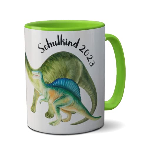 Schulkind-Tasse T-Rex mit Name, Becher für echte Dinofans Kindertasse Dinosaurier Mug Schulstart lustiger Spruch inkl. Geschenkverpackung (Schulkind T-Rex)
