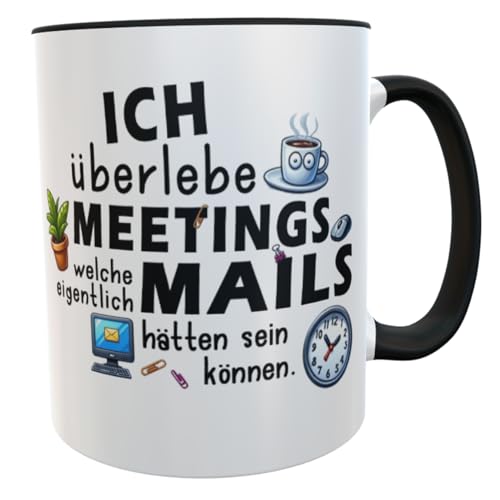 Büro-Kaffeebecher 'Meeting-Mails' – Hochwertige Keramik Tasse mit Humor, 300ml, Innen Schwarz, Perfekt für Bürohelden und Meeting-Geplagte