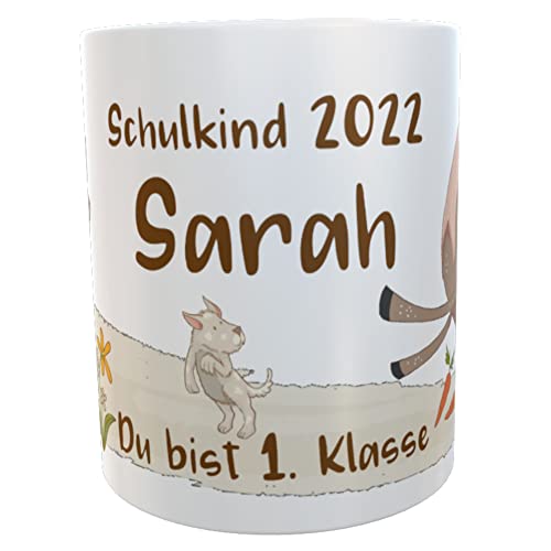 Kilala Namenstasse Pferd & Hund braun Schulkind 2022, personalisierte Kindertasse mit Namen, Geschenk für Zuckertüte, Mädchen Becher