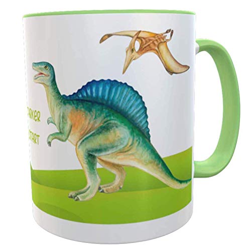 Kilala Kindertasse zum Schulstart mit Dino T-Rex in Grün & Weiß, Geschenk zur Einschulung Junge, Dino Tasse aus Keramik ca. 300ml
