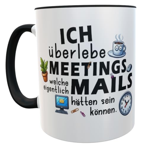 Büro-Kaffeebecher 'Meeting-Mails' – Hochwertige Keramik Tasse mit Humor, 300ml, Innen Schwarz, Perfekt für Bürohelden und Meeting-Geplagte