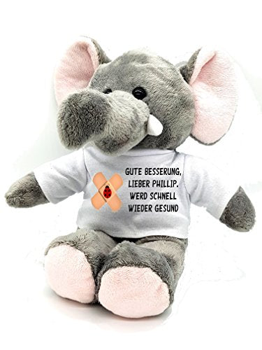 Gute Besserung Kuscheltier Elefant mit Namen Tröster für kranke Kinder bei Krankenhausbesuch chronischer Krankheit Farbe grau