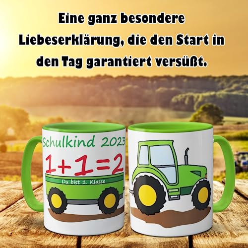 Tasse Schulkind 2023 Traktor Trecker zur Einschulung Jungen Zuckertüte Schultüte Henkeltasse inkl. Geschenkverpackung