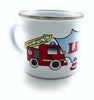 Blechtasse Metalltasse Feuerwehr mit Wunschname Namenstasse mit Feuerwehrmann Feuerwehrauto Geburtstags-Geschenk Kinderfeuerwehr Teetasse Frühstücksbecher Emaille